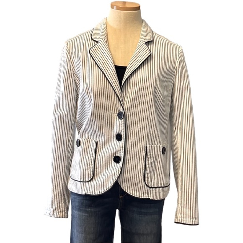 Lacoste Classic Stripe Seersucker Blazer Jacket, Navy Blue/White, size 42-Large